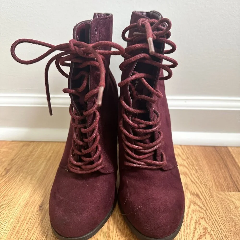 JustFab Women's Suede Lace-up Heeled Booties in Burgundy Size 7.5 - Picture 4 of 8
